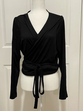 wool& Natalia Black Wrap Tie-Front Blouse